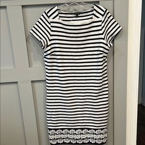 Striped Navy and White Dress with Lace Trim